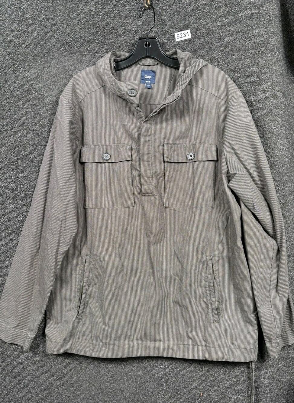GAP Anorak Pullover Utility Jacket Mens Size L Brown Hooded Striped